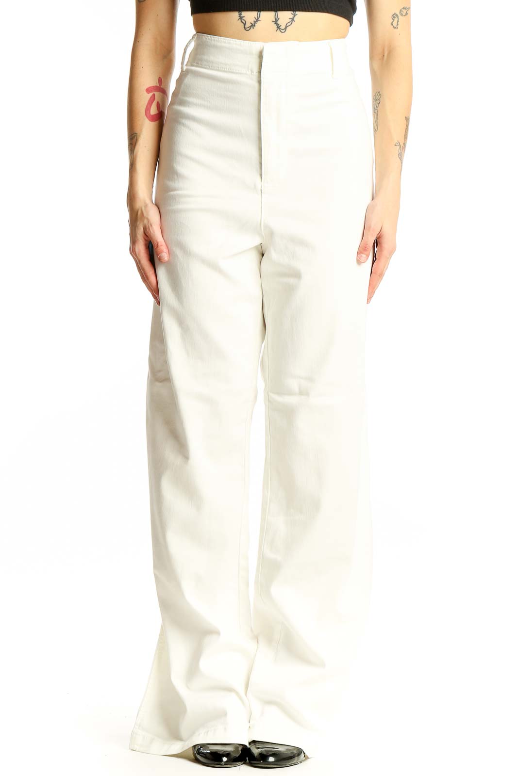 White High-Waisted Wide-Leg Denim Pants Front