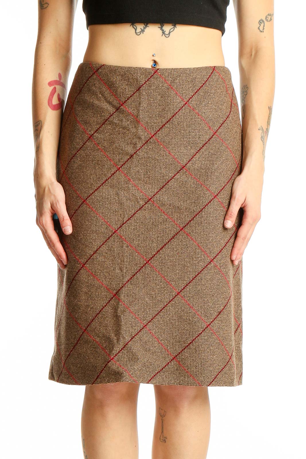 Brown Plaid Wool Blend Pencil Skirt Front