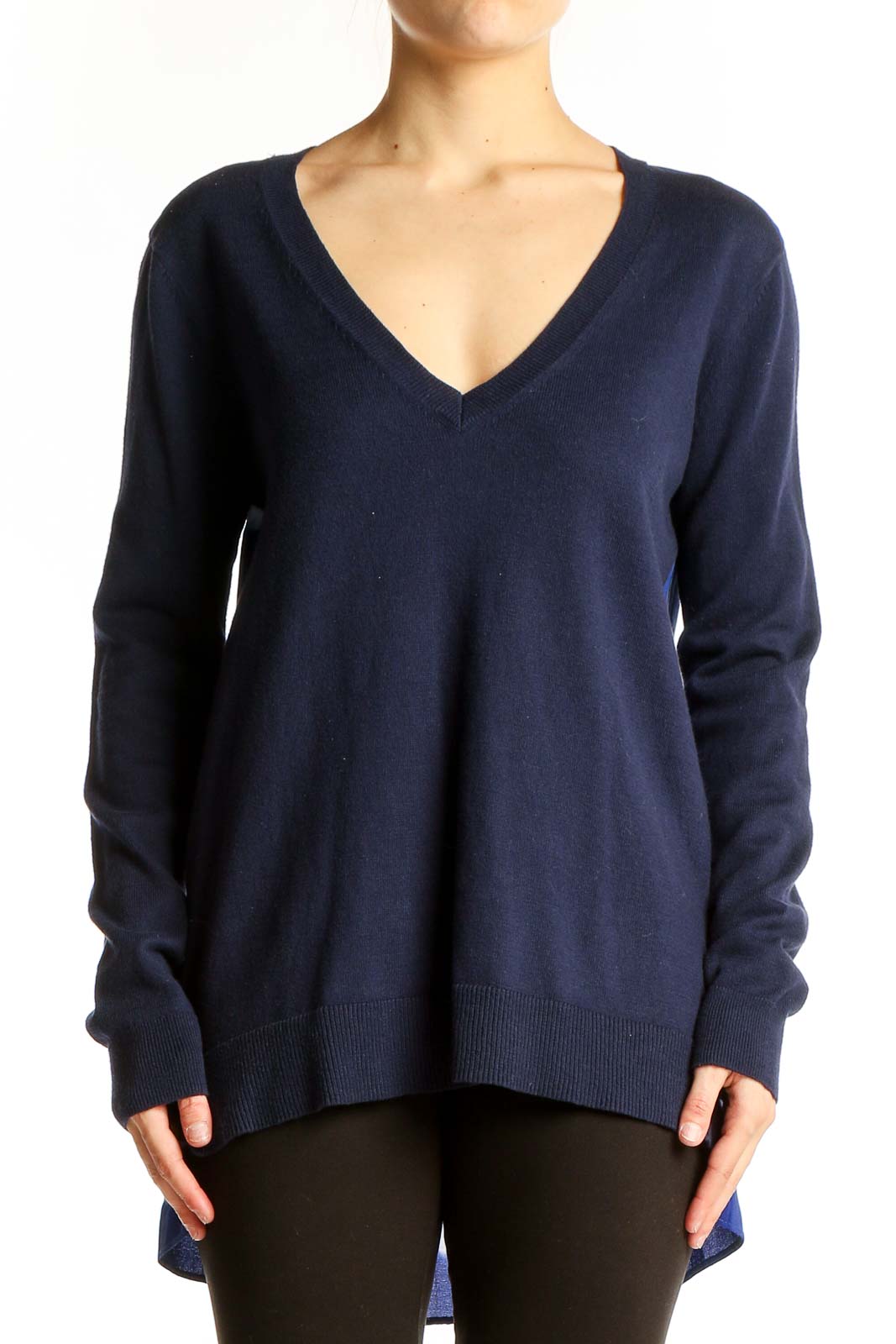 Navy V-Neck Cotton-Silk Blend Top Front