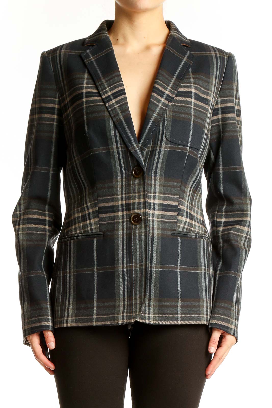 Navy Plaid Tailored Blazer Front