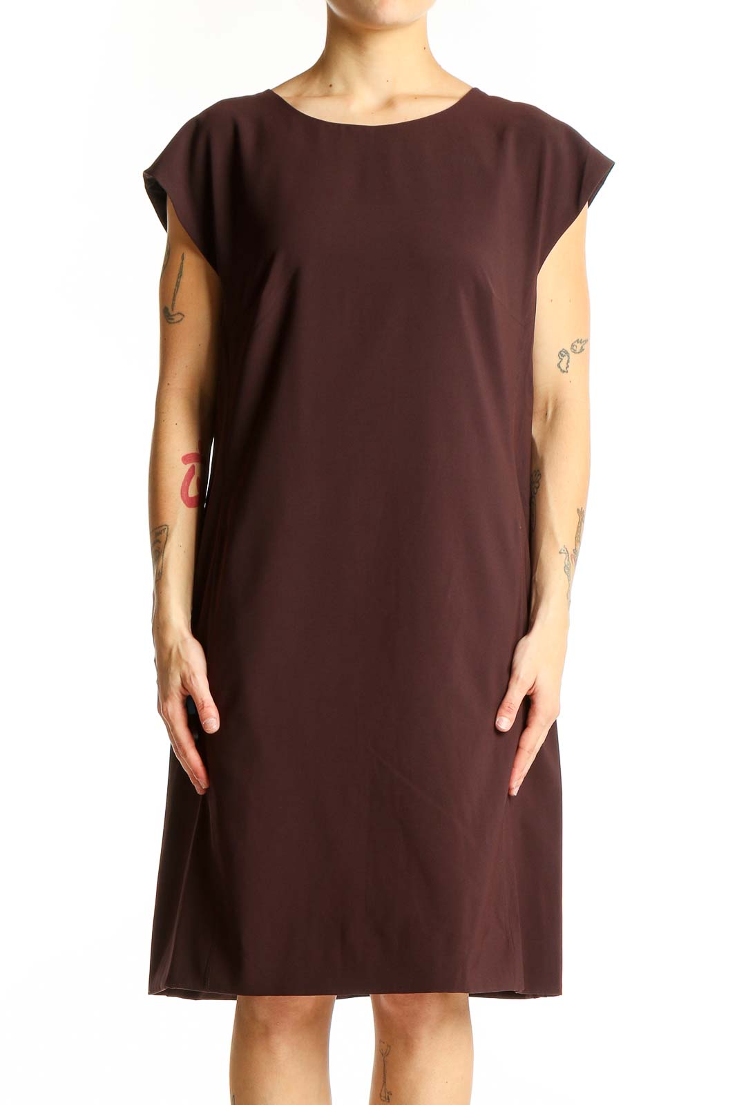 Brown Sleeveless Shift Dress Front
