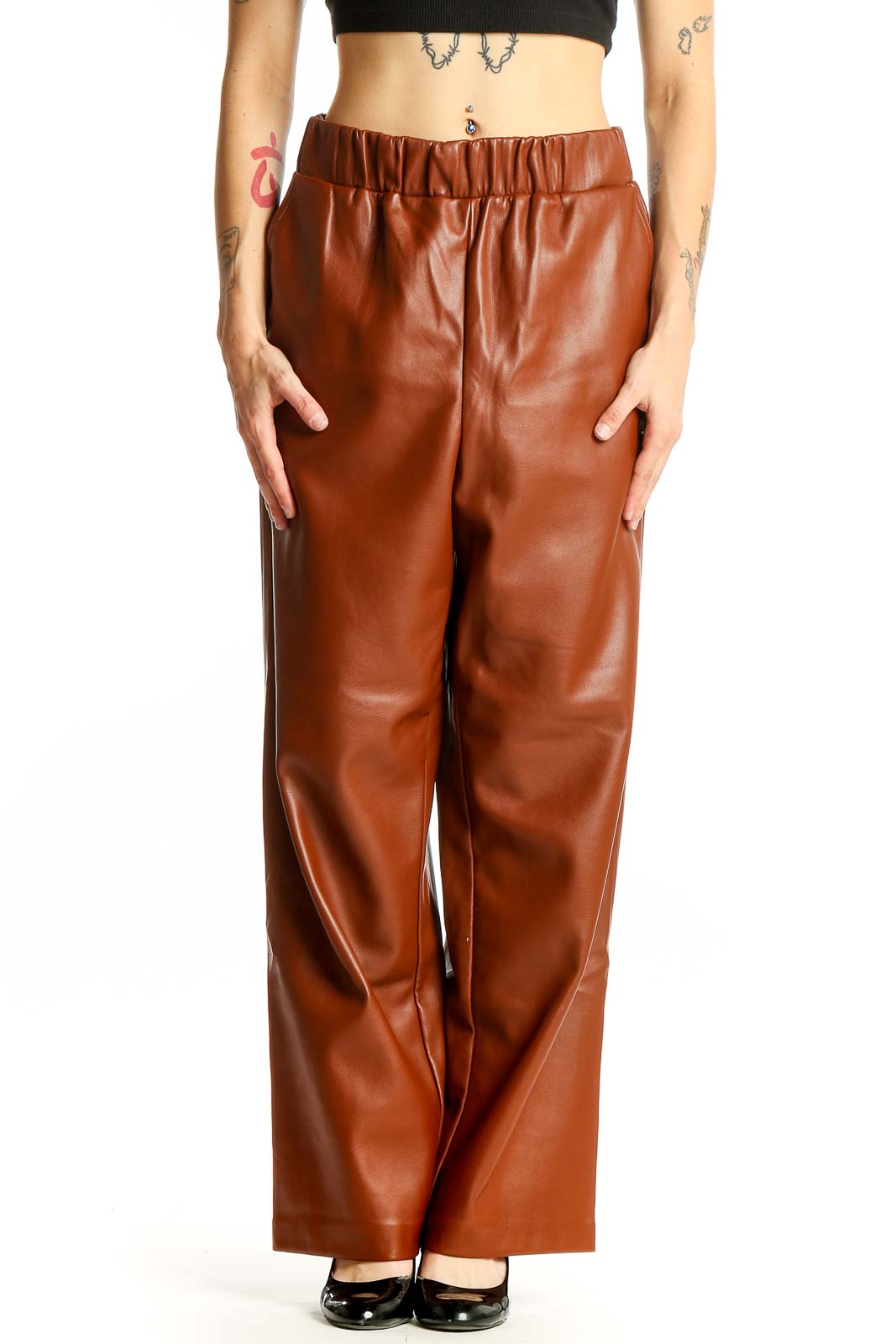 Brown Faux Leather Wide-Leg Pants Front