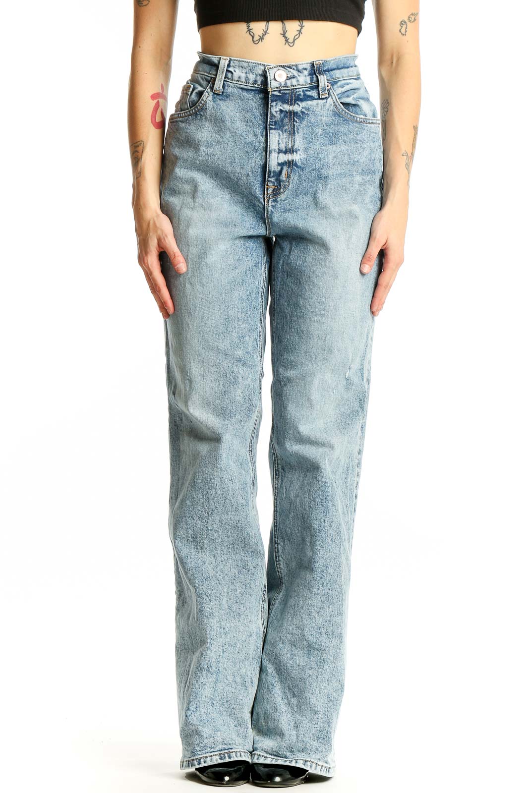 Light Blue Acid Wash High-Waisted Wide-Leg Jeans Front