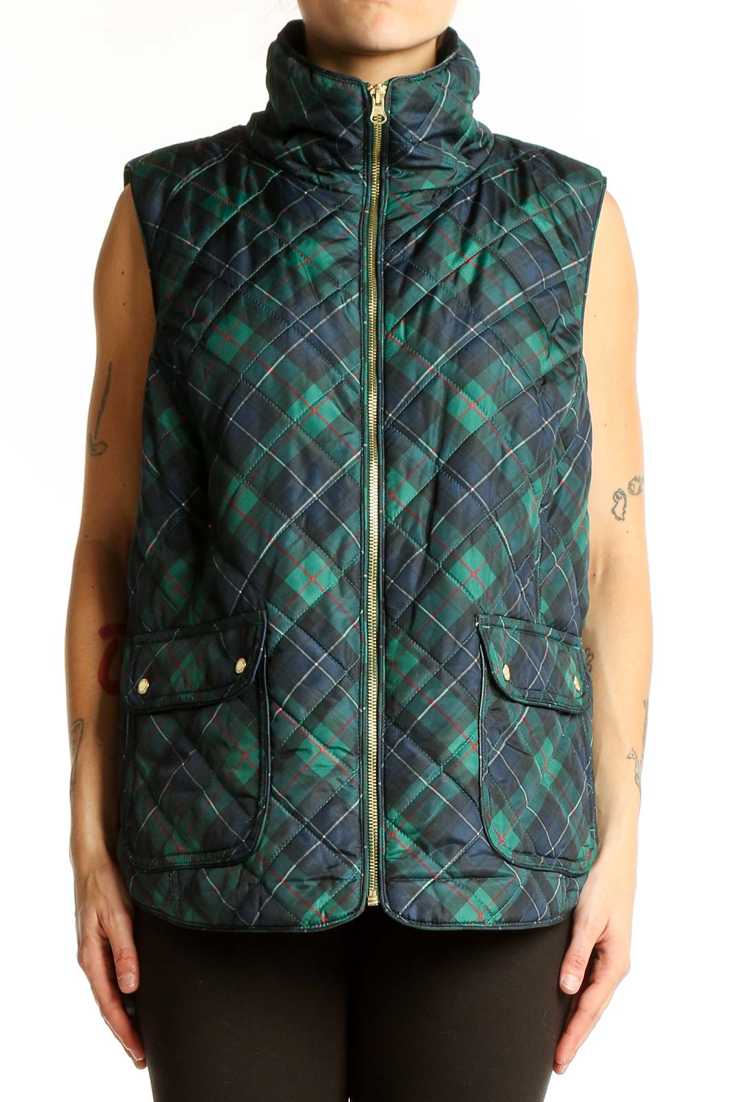 Green Plaid Quilted Vest Front