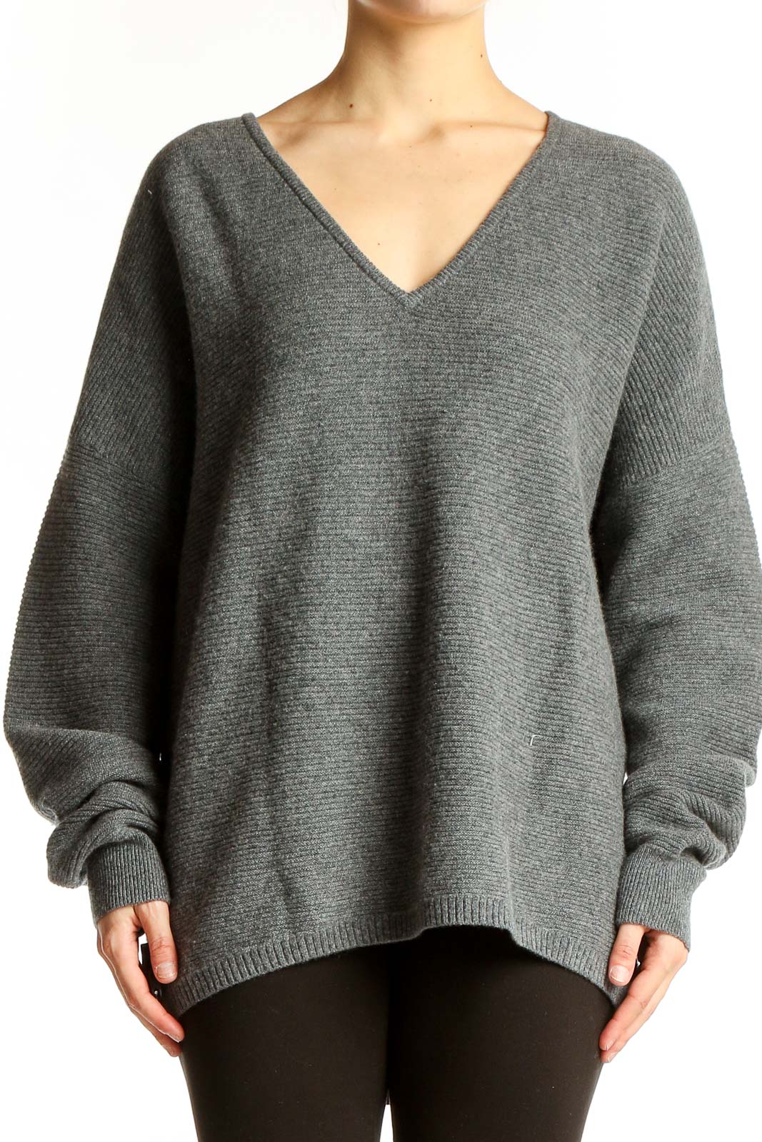 Gray Cashmere V-Neck Oversized Sweater Front