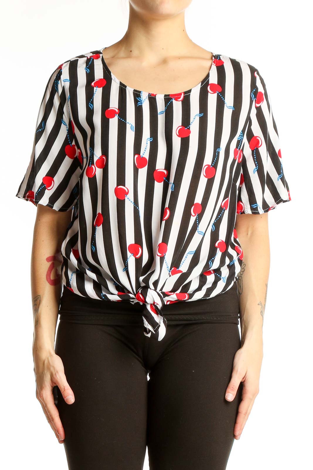 Black and White Striped Cherry Print Top Front