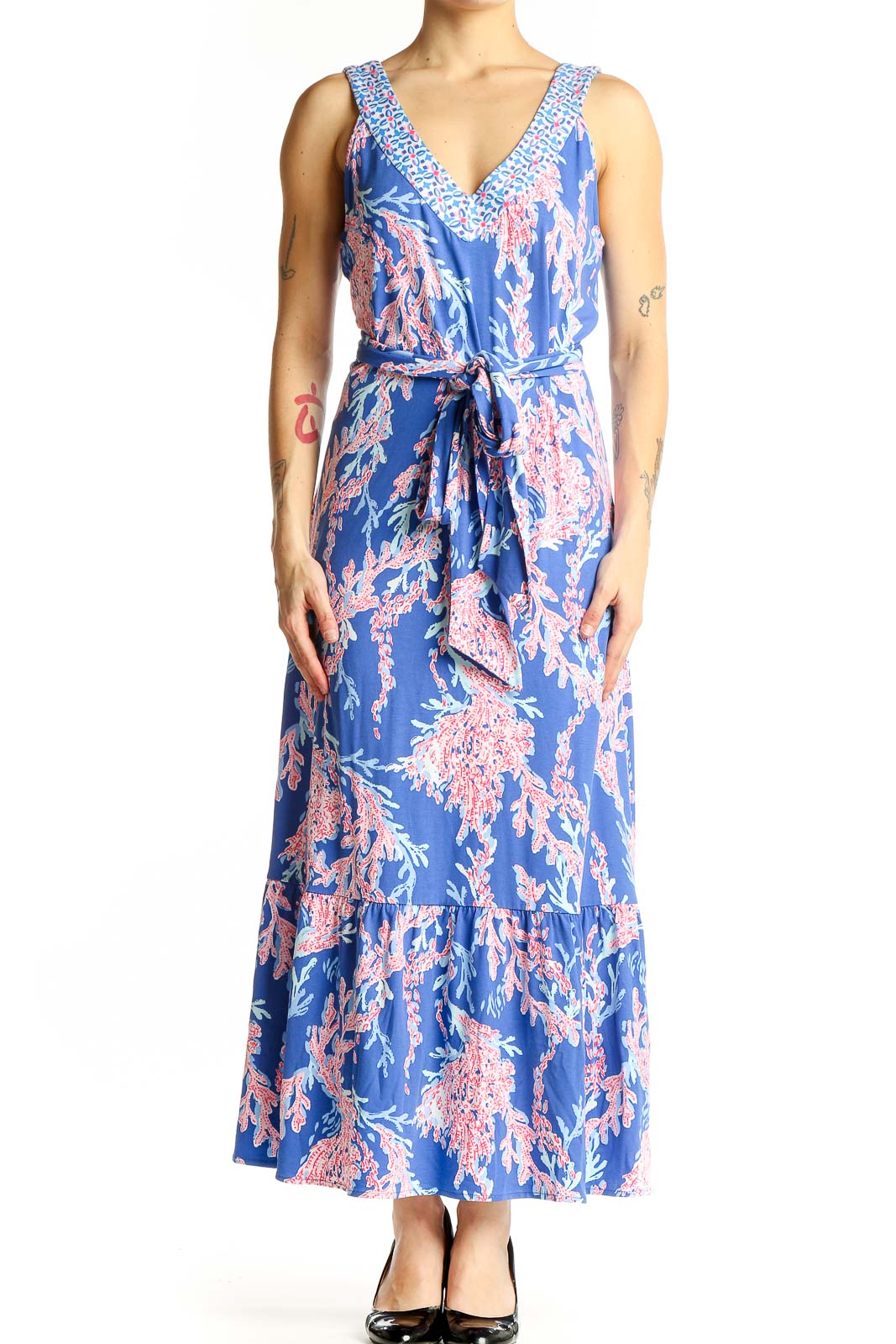 Blue Floral Maxi Dress with V-Neck Front