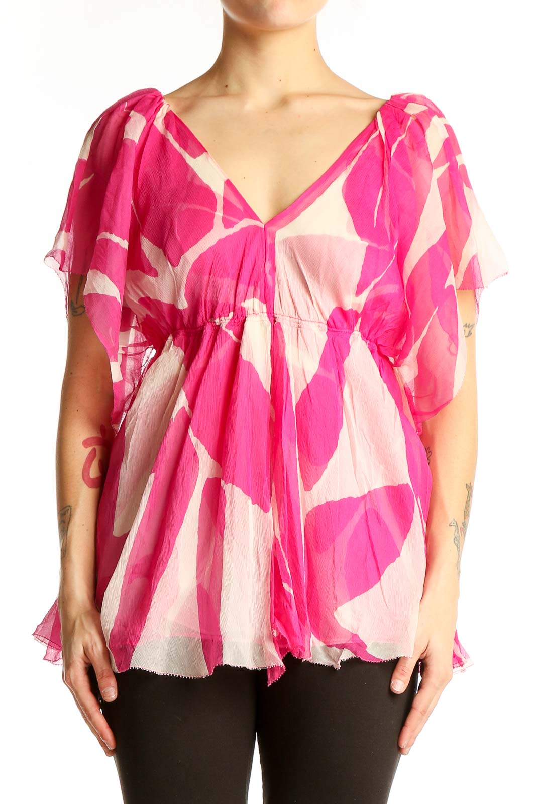 Pink Floral Print Silk Blouse Front