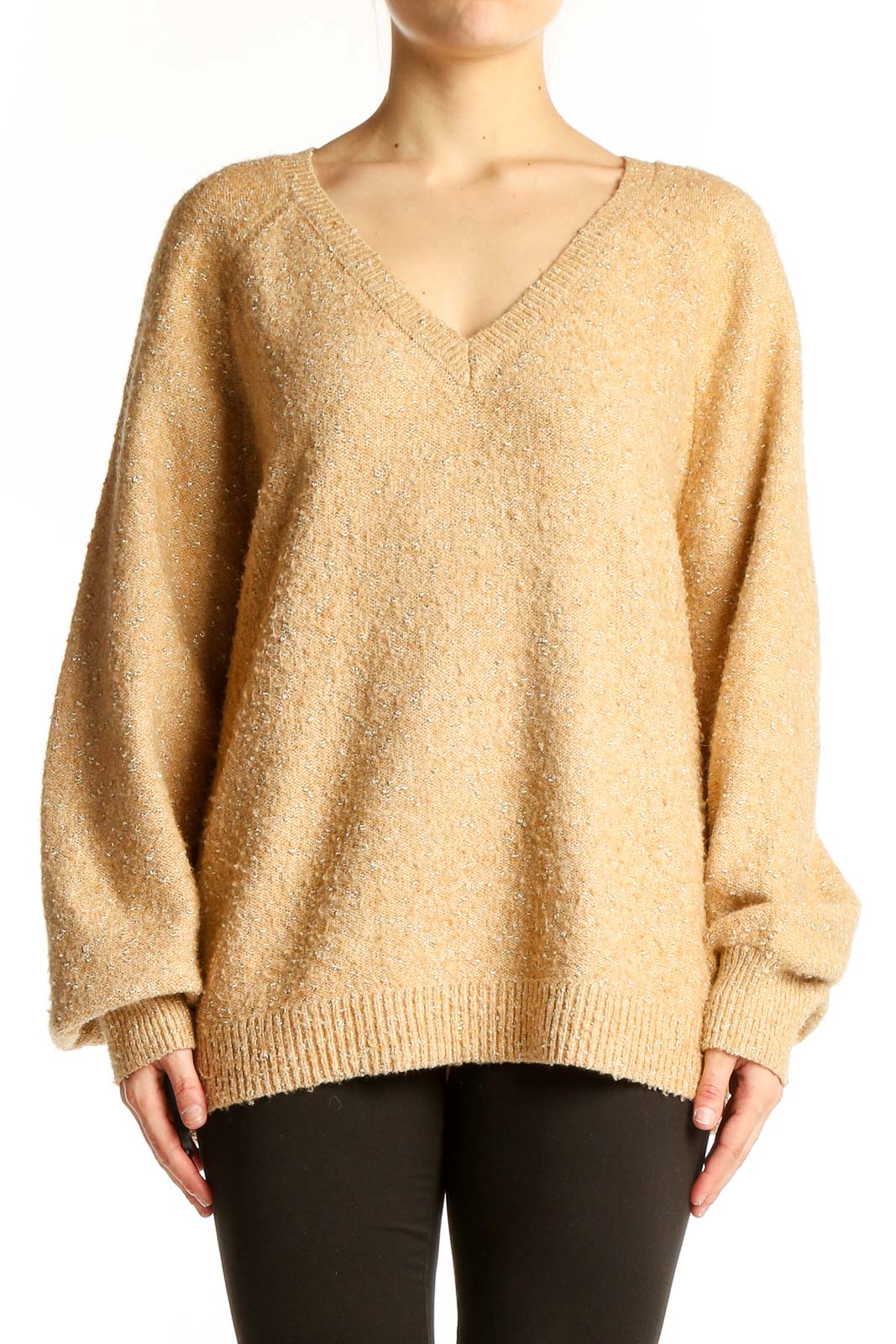 Beige V-Neck Oversized Knit Sweater Front