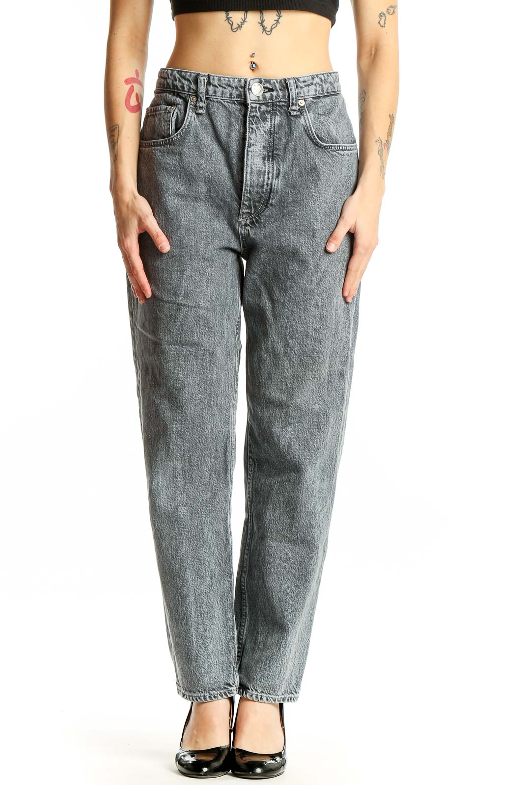 Gray Vintage-Wash High-Waisted Straight Leg Jeans Front