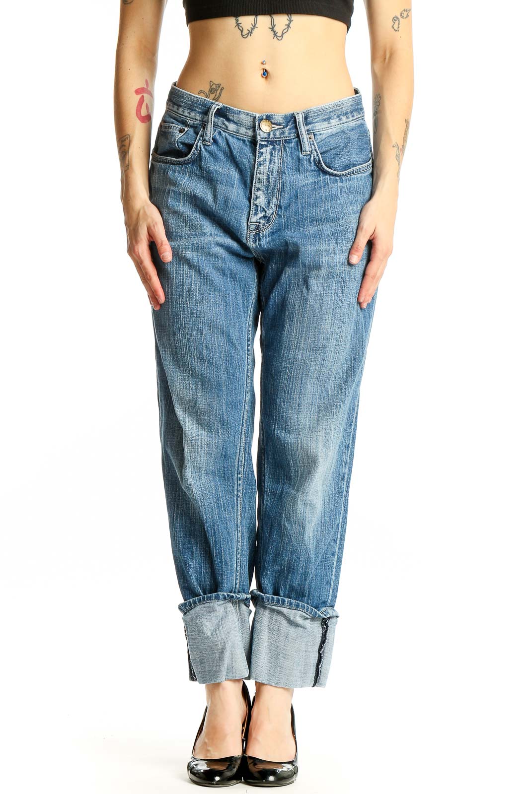 Blue Relaxed Fit Cuffed Denim Jeans Front