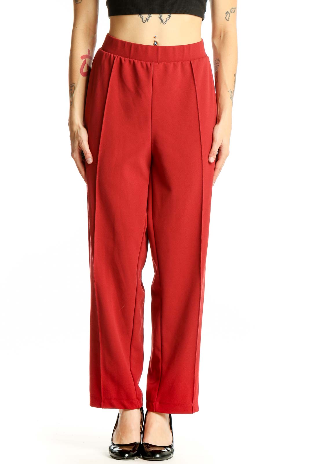 Red Wide-Leg Polyester Pants Front