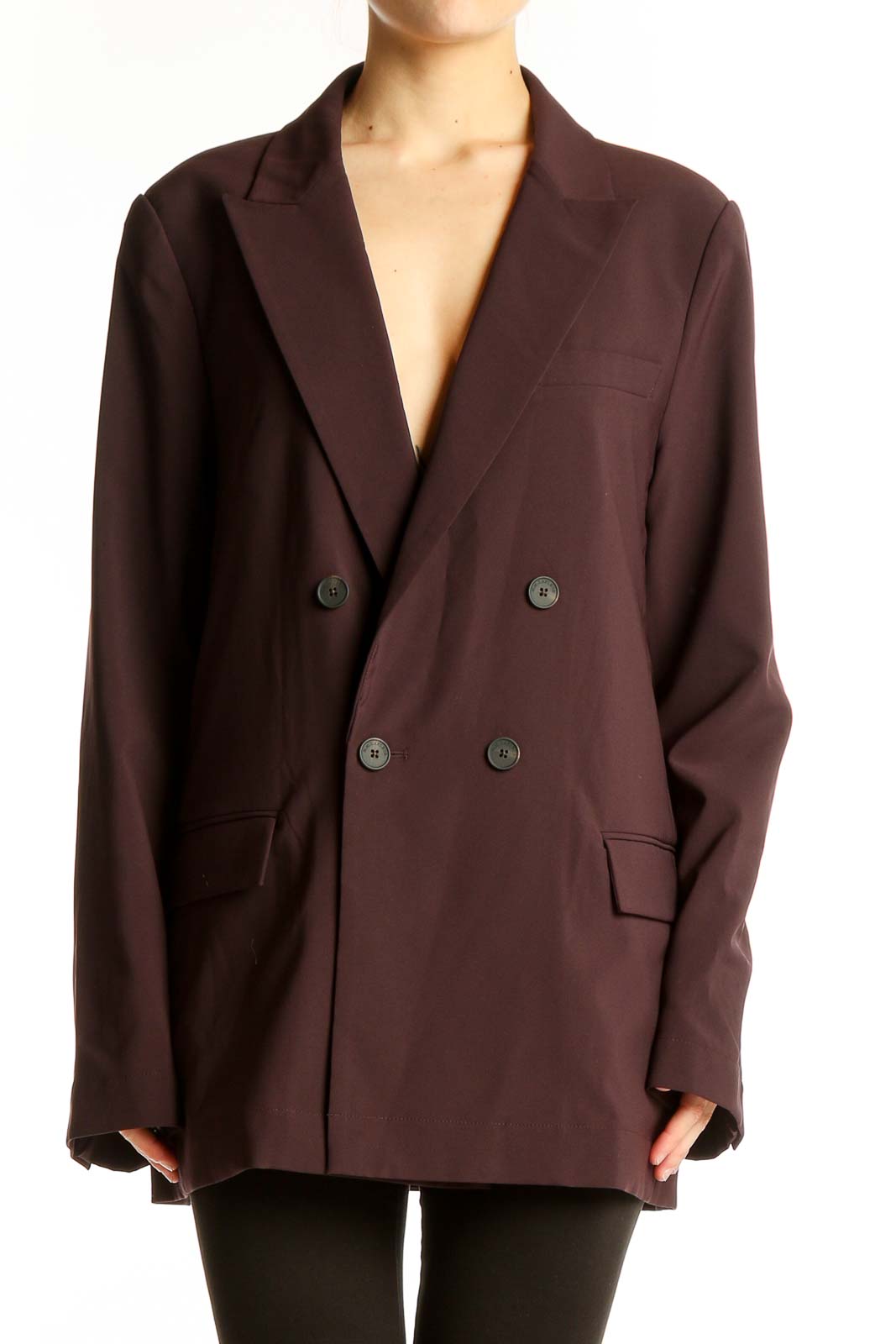 Burgundy Double-Breasted Oversized Blazer Front