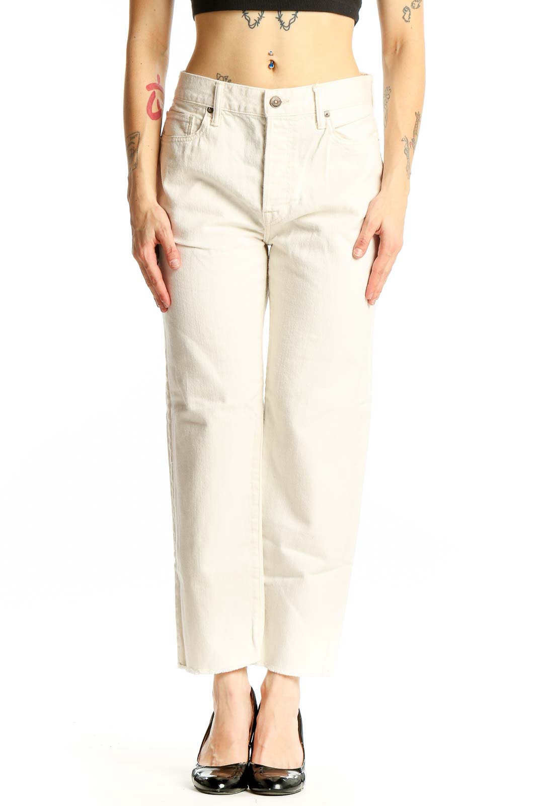 Cream Cotton Straight-Leg Jeans Front
