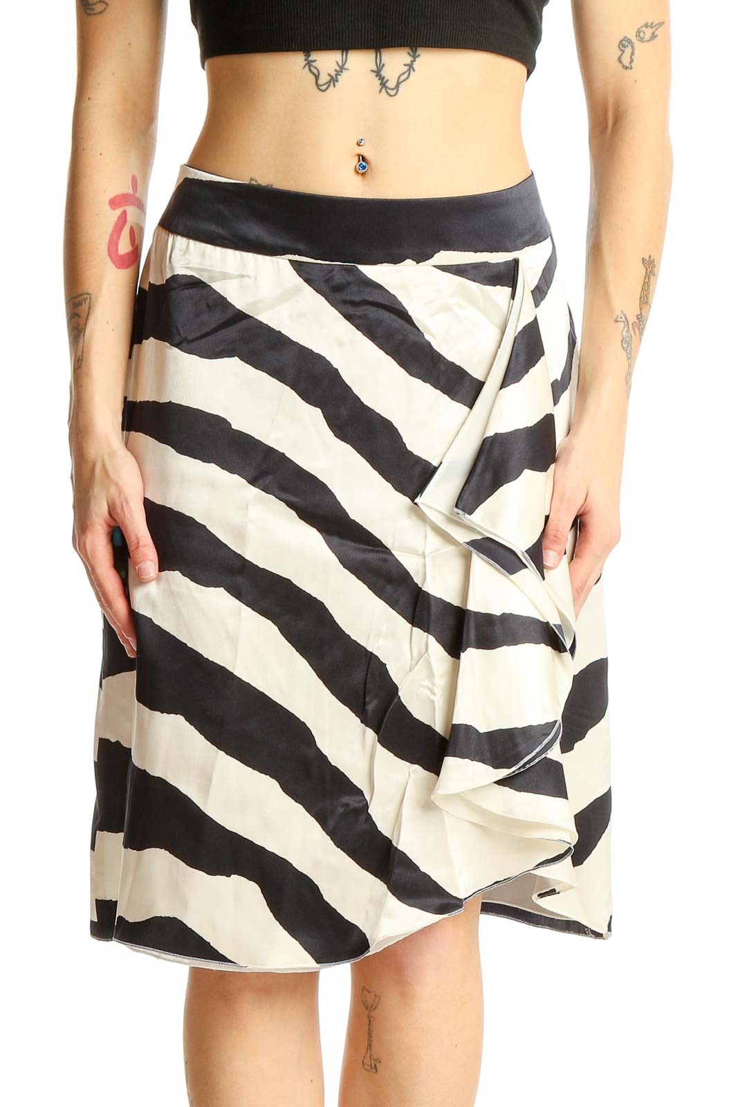 Black and White Zebra Print Silk Skirt Front