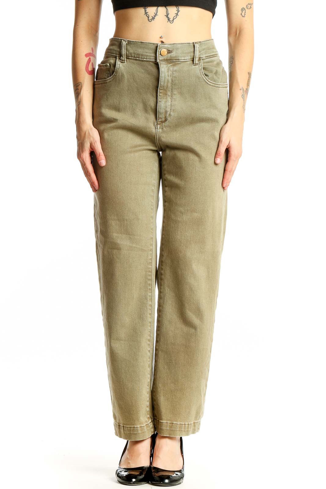 Olive High-Waisted Wide-Leg Denim Pants Front