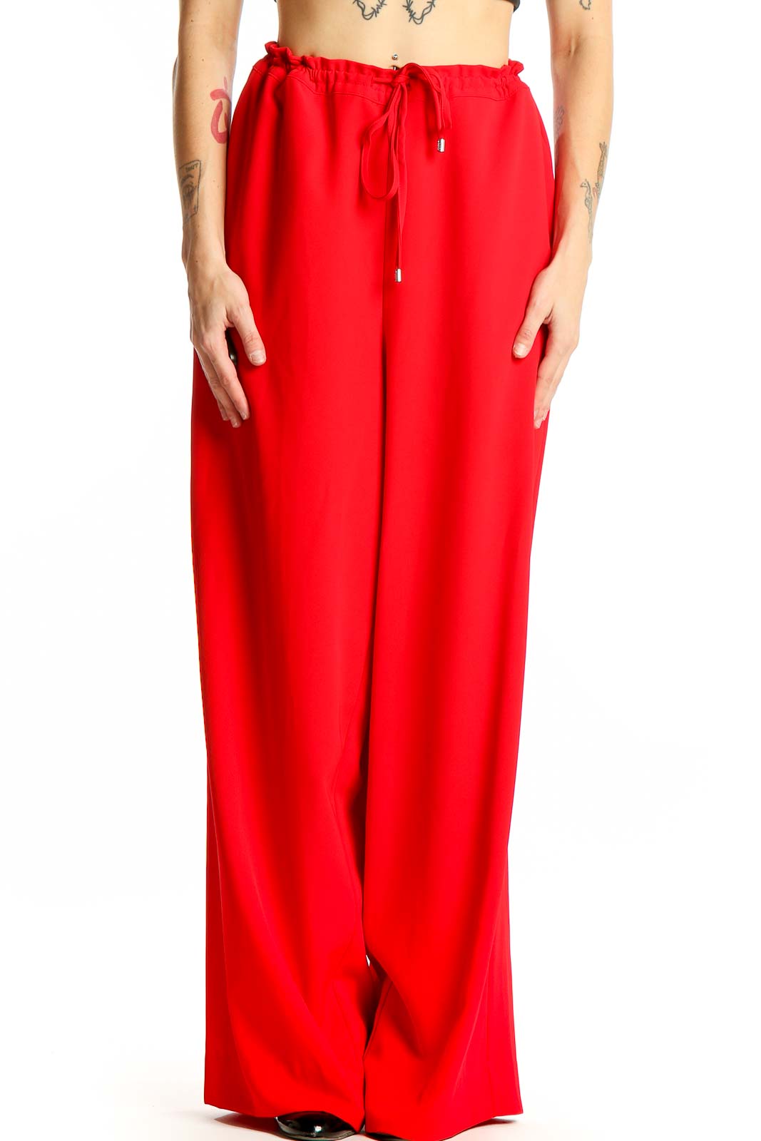 Red Wide-Leg Drawstring Pants Front