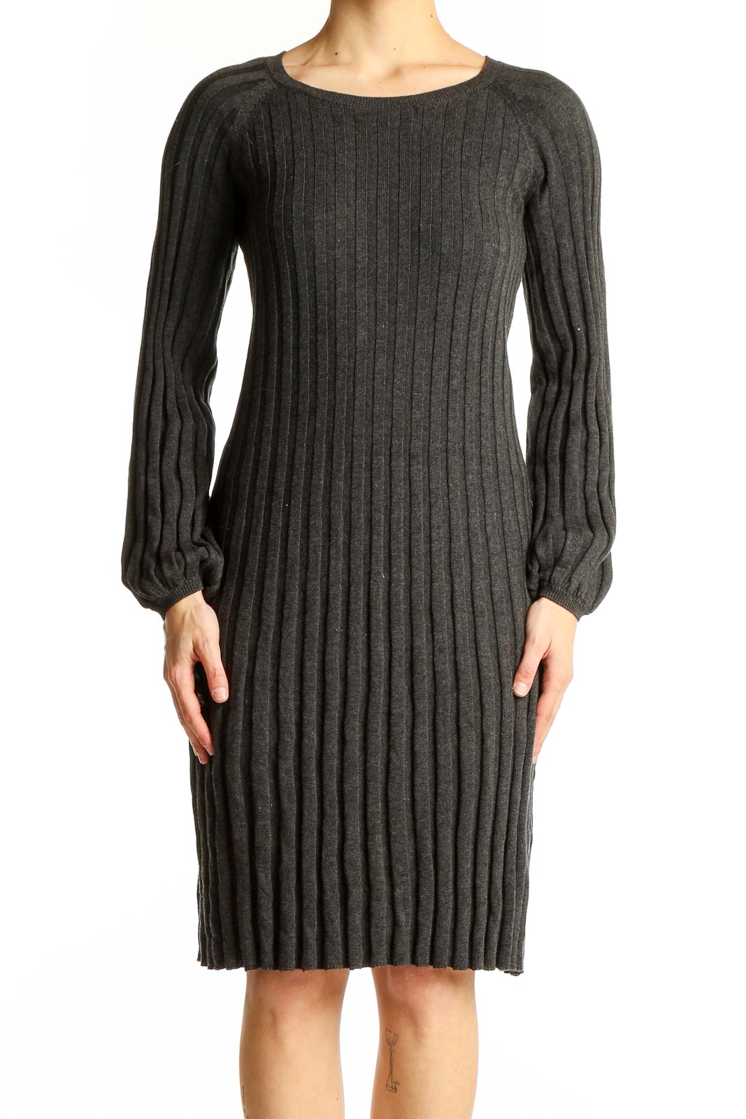 Charcoal Ribbed Knit Sweater Dress Front