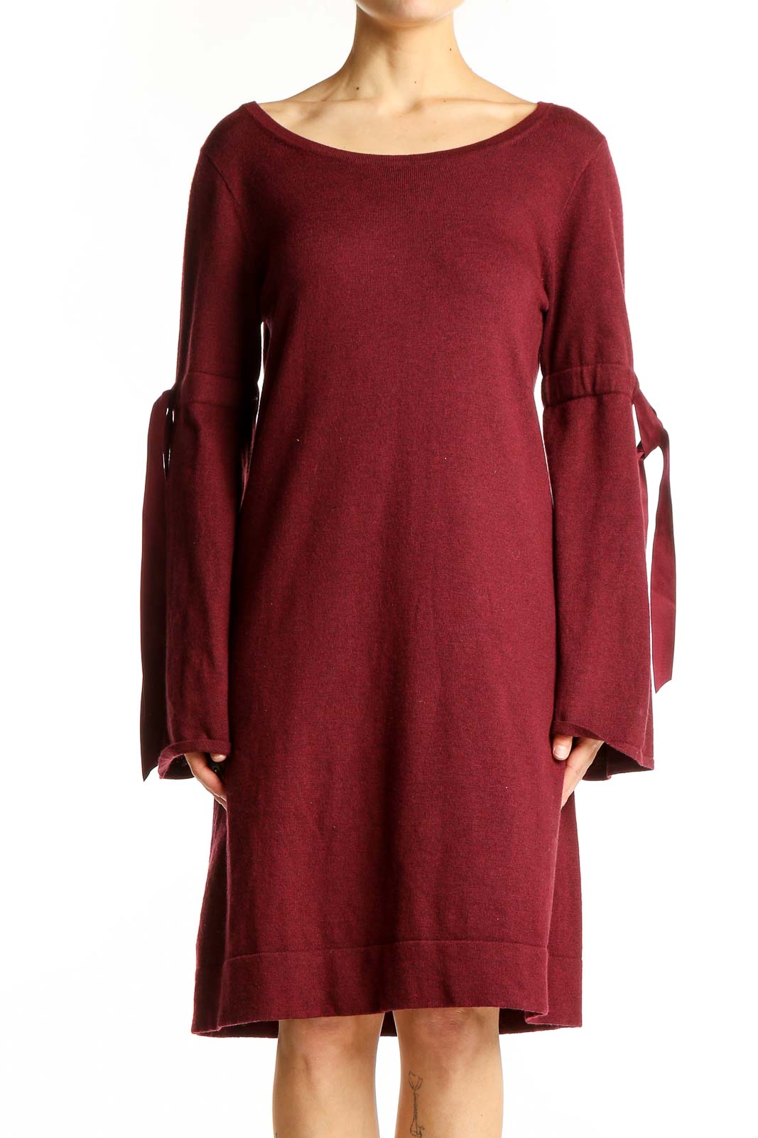 Burgundy Bell Sleeve Knit Dress Front