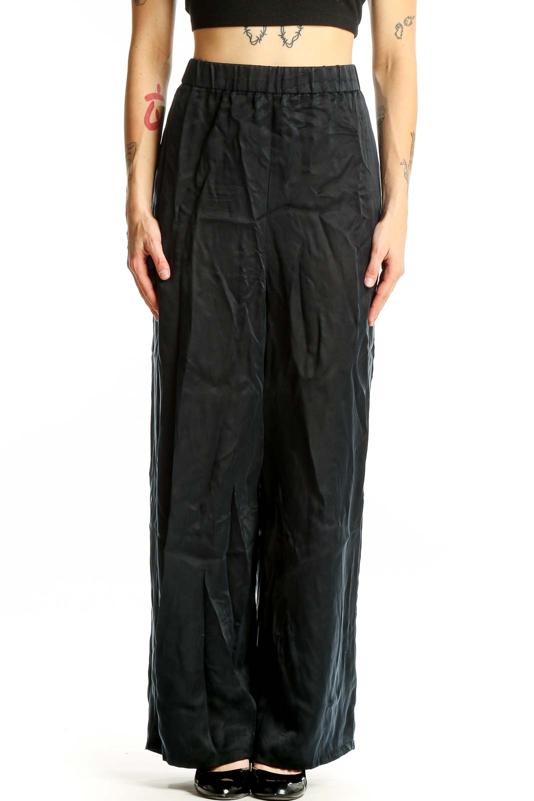 Black Cupro Wide-Leg Palazzo Pants Front