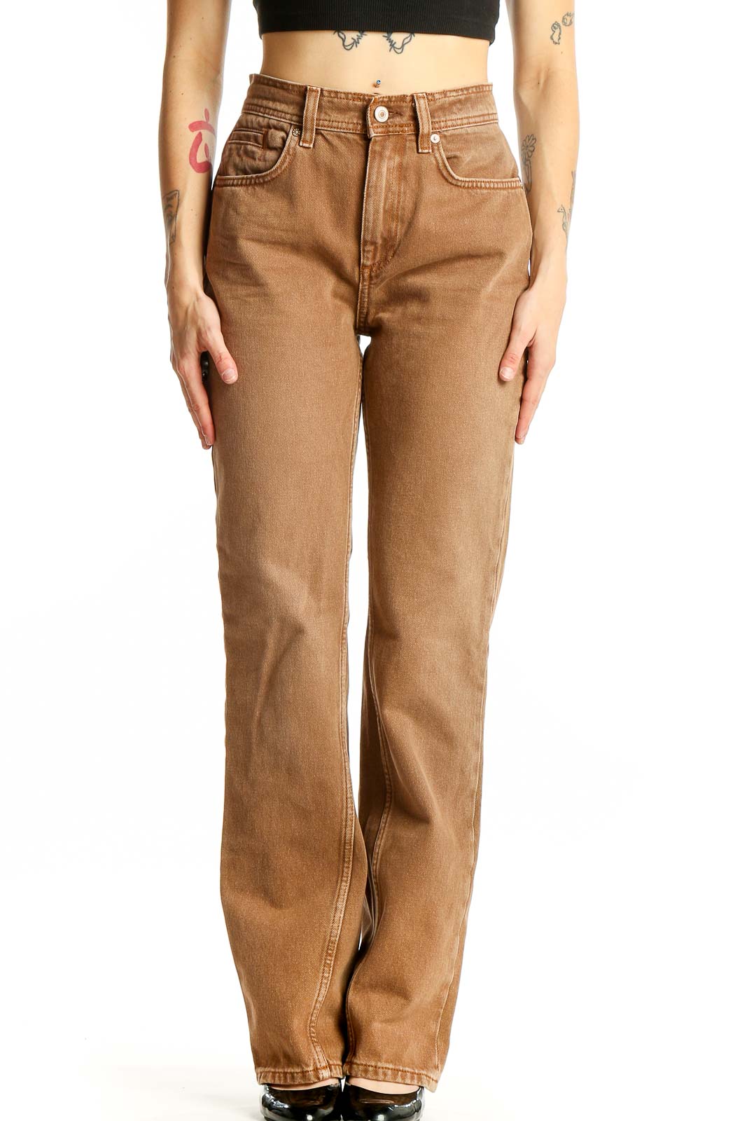 Tan High-Waisted Straight Leg Jeans Front