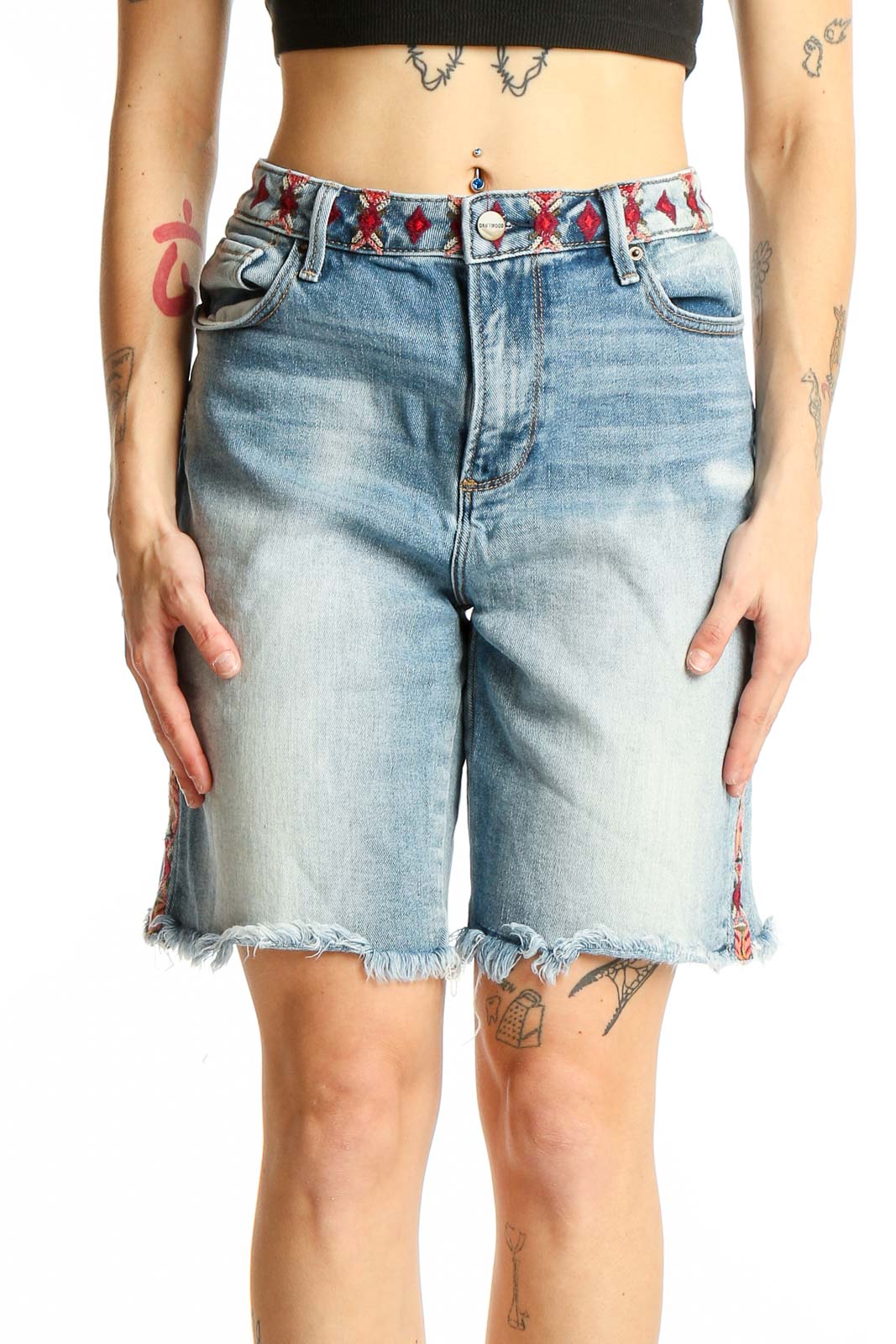 Light Blue Embroidered Denim Bermuda Shorts Front