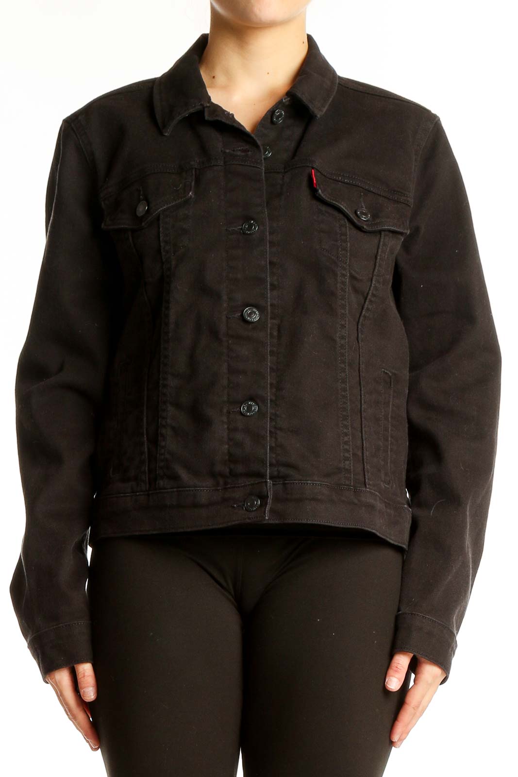 Black Cotton Blend Denim Jacket Front