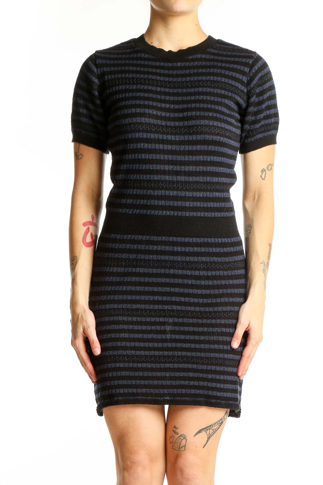 Black and Navy Striped Knit Dress Front