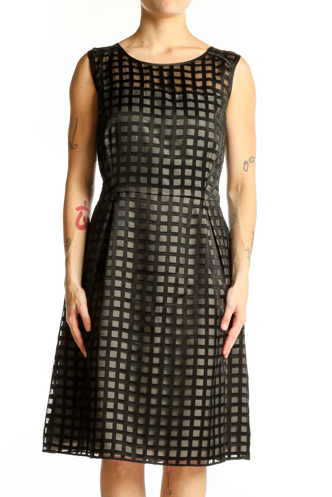 Black Grid Pattern Sleeveless Cocktail Dress Front