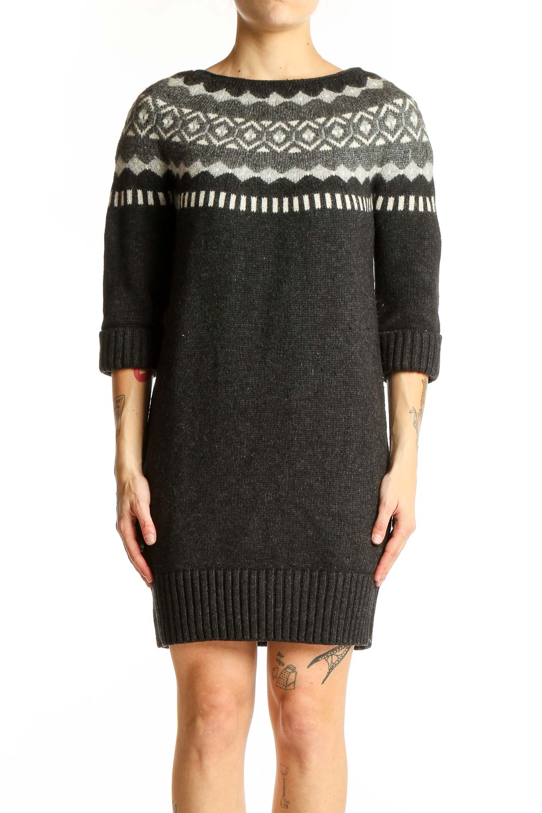 Charcoal Fair Isle Knit Sweater Dress Front