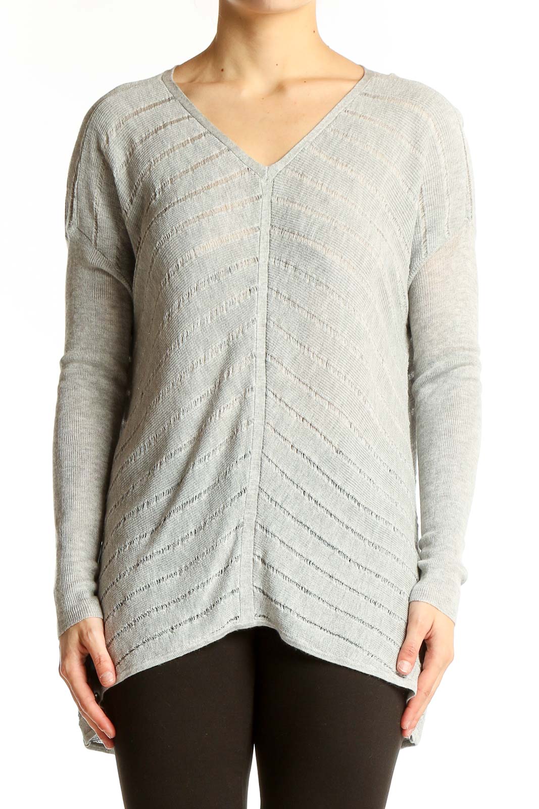 Gray V-Neck Chevron Knit Sweater Front