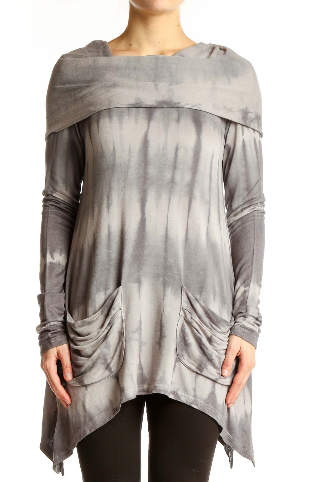 Gray Tie-Dye Cowl Neck Tunic Top Front