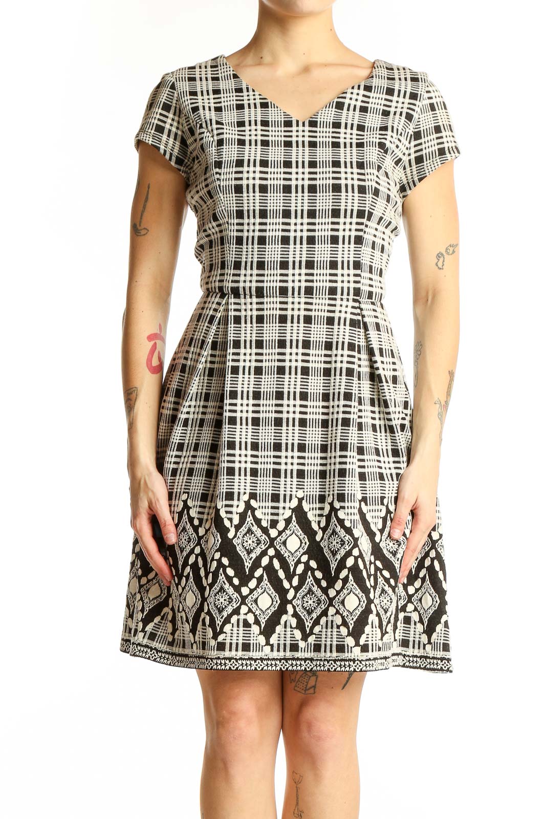 Black and White Plaid A-Line Dress Front