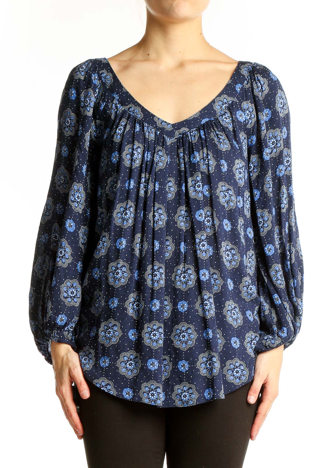 Navy Floral Print Balloon Sleeve Blouse Front