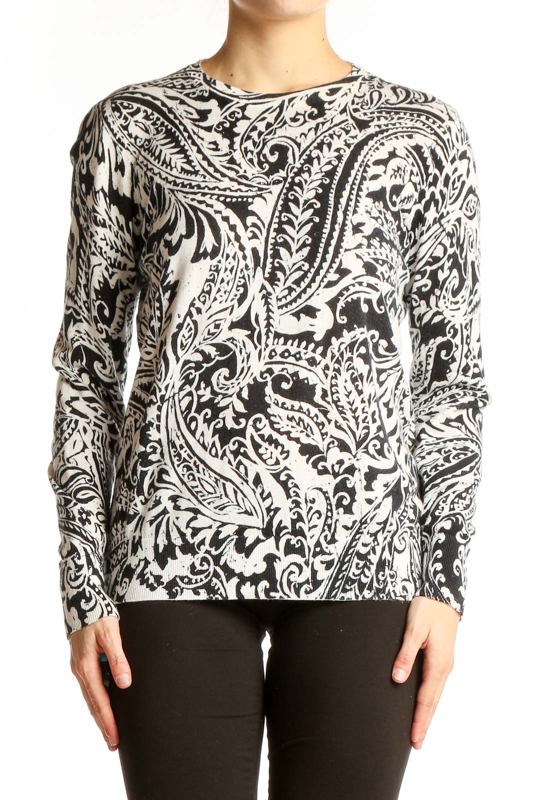 Black and White Paisley Print Knit Sweater Front