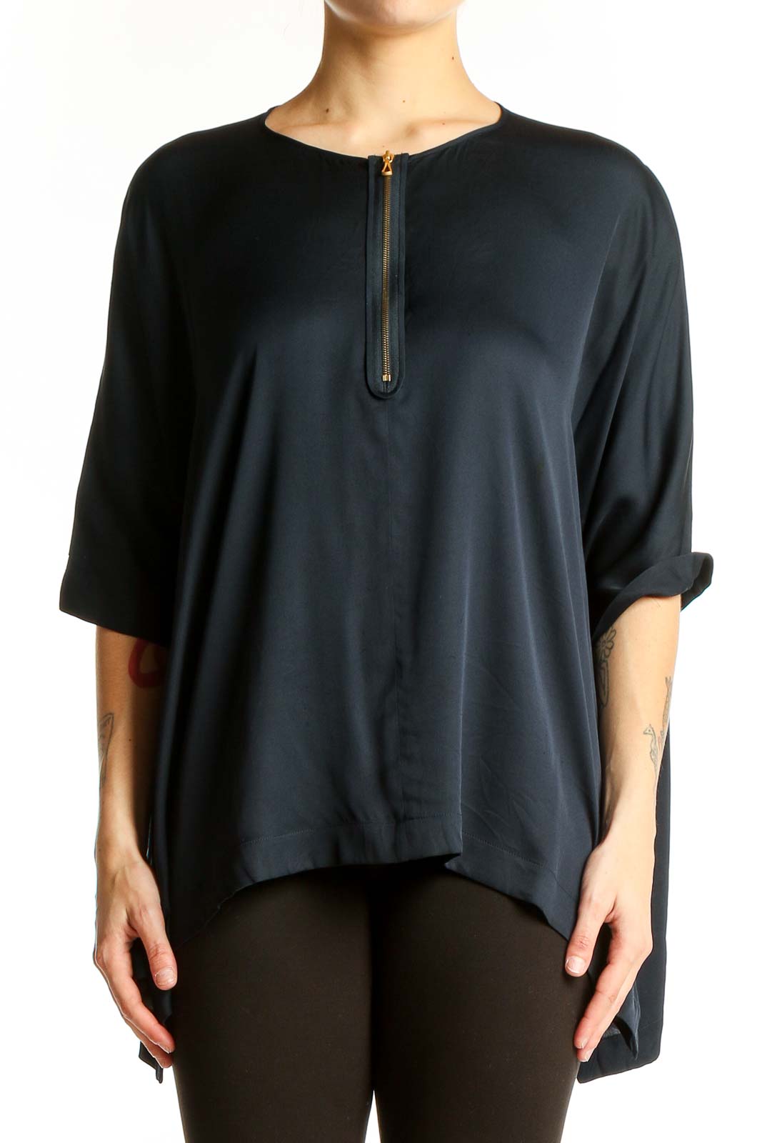 Black Oversized Zip-Front Blouse Front