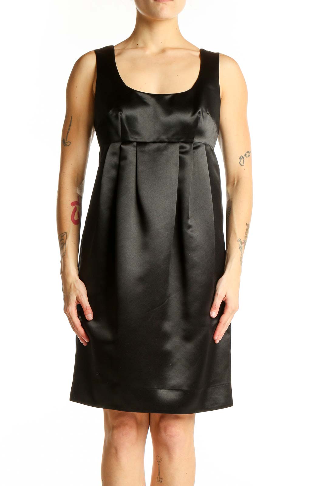 Black Satin Empire Waist Cocktail Dress Front