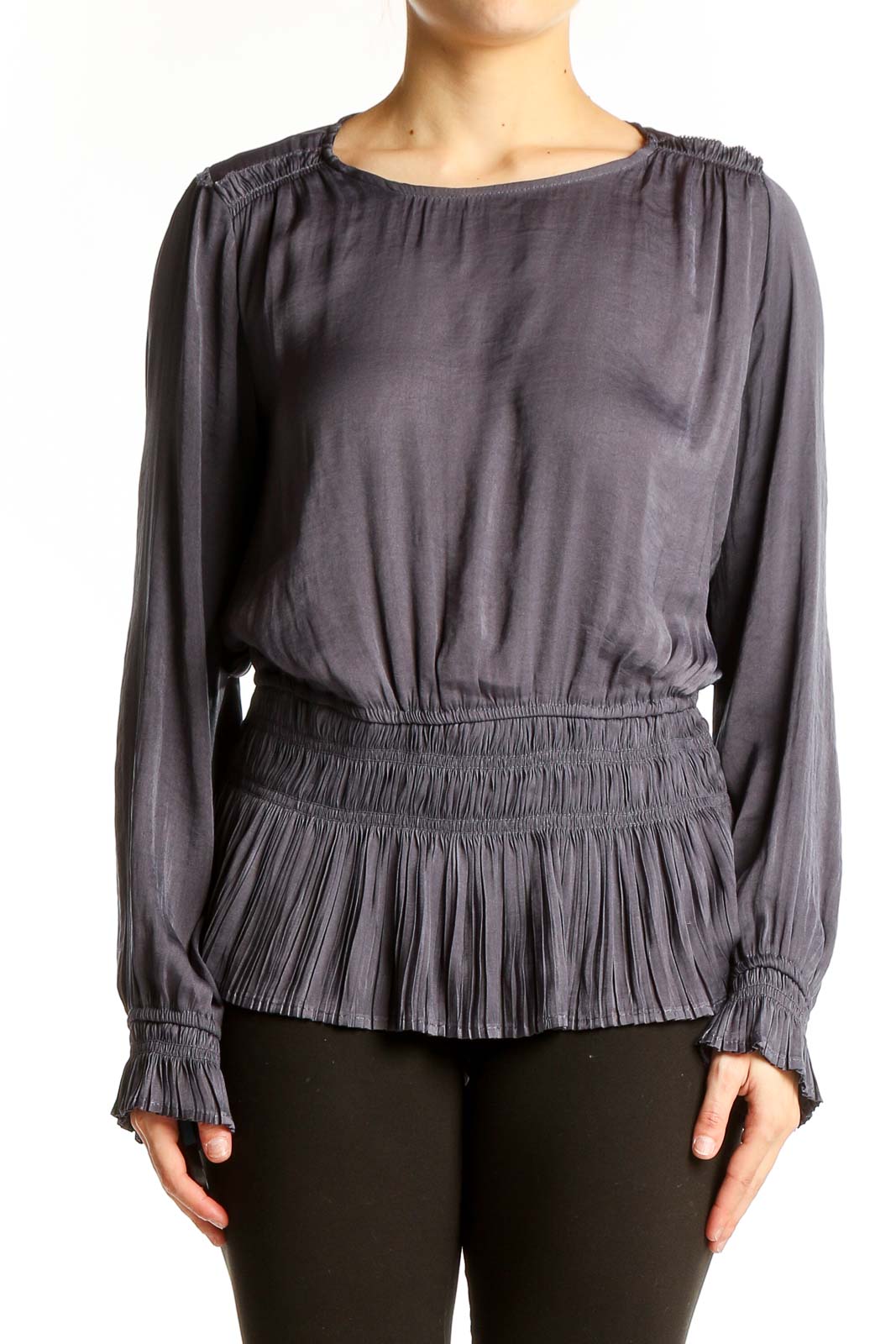 Gray Pleated Peplum Blouse Front