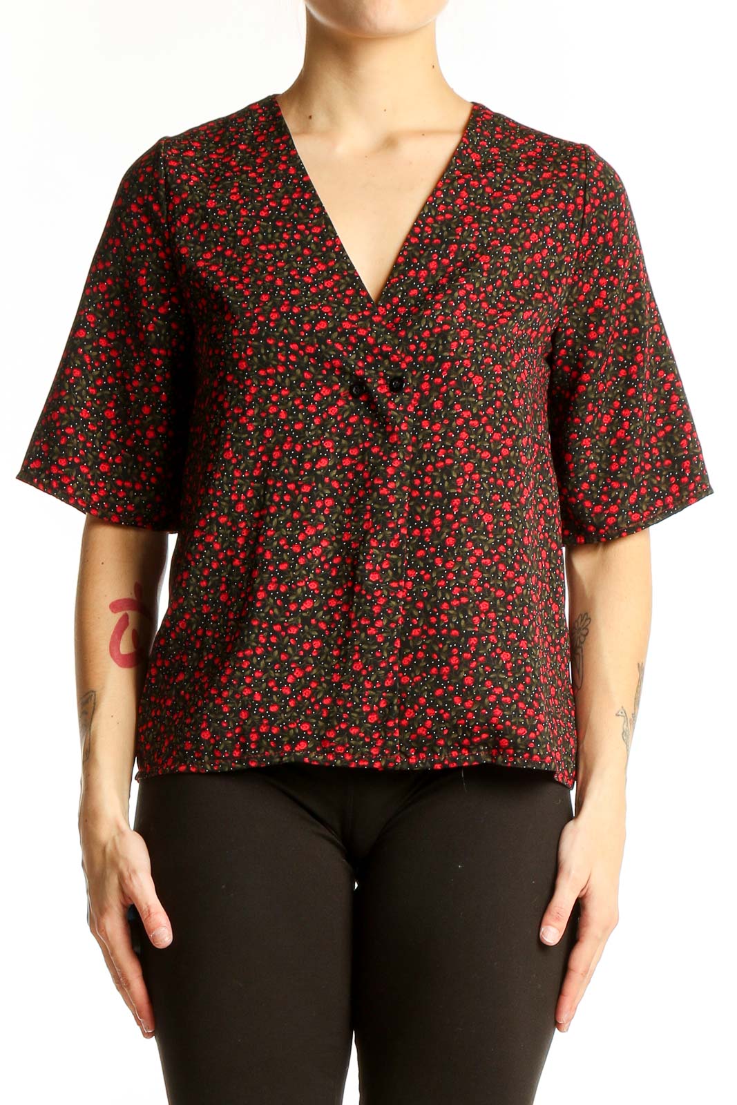 Red Floral Print V-Neck Blouse Front