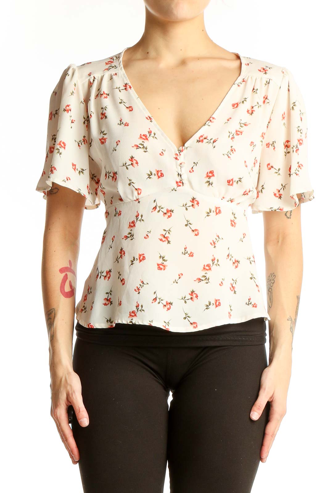 Cream Floral Flutter Sleeve Blouse Front