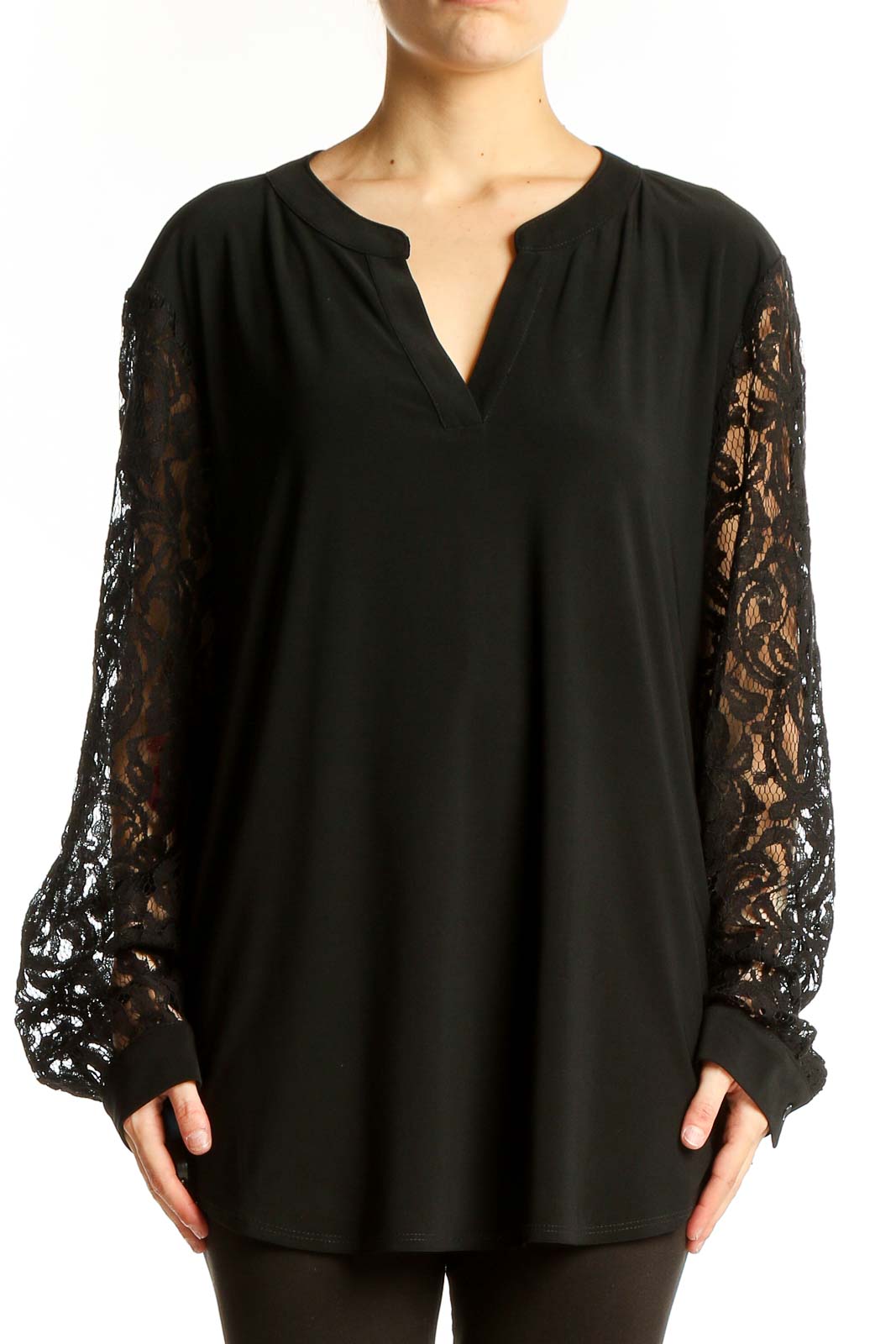 Black Lace-Sleeve Tunic Top Front