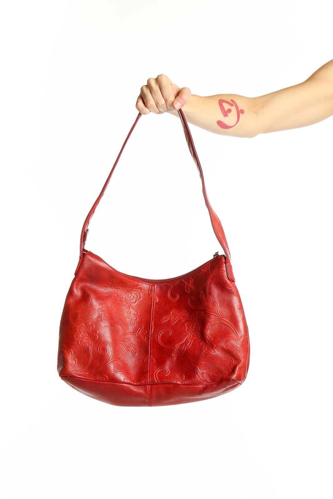 Red Embossed Leather Hobo Bag Front