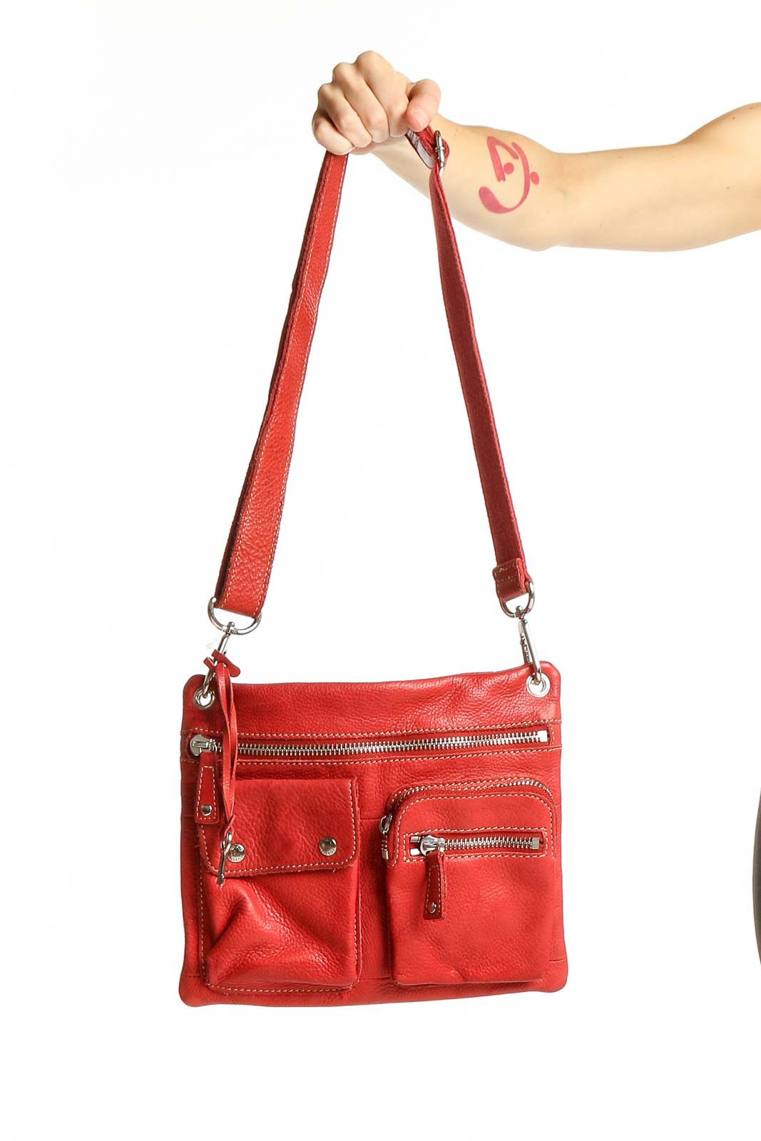 Red Leather Multi-Pocket Crossbody Bag Front