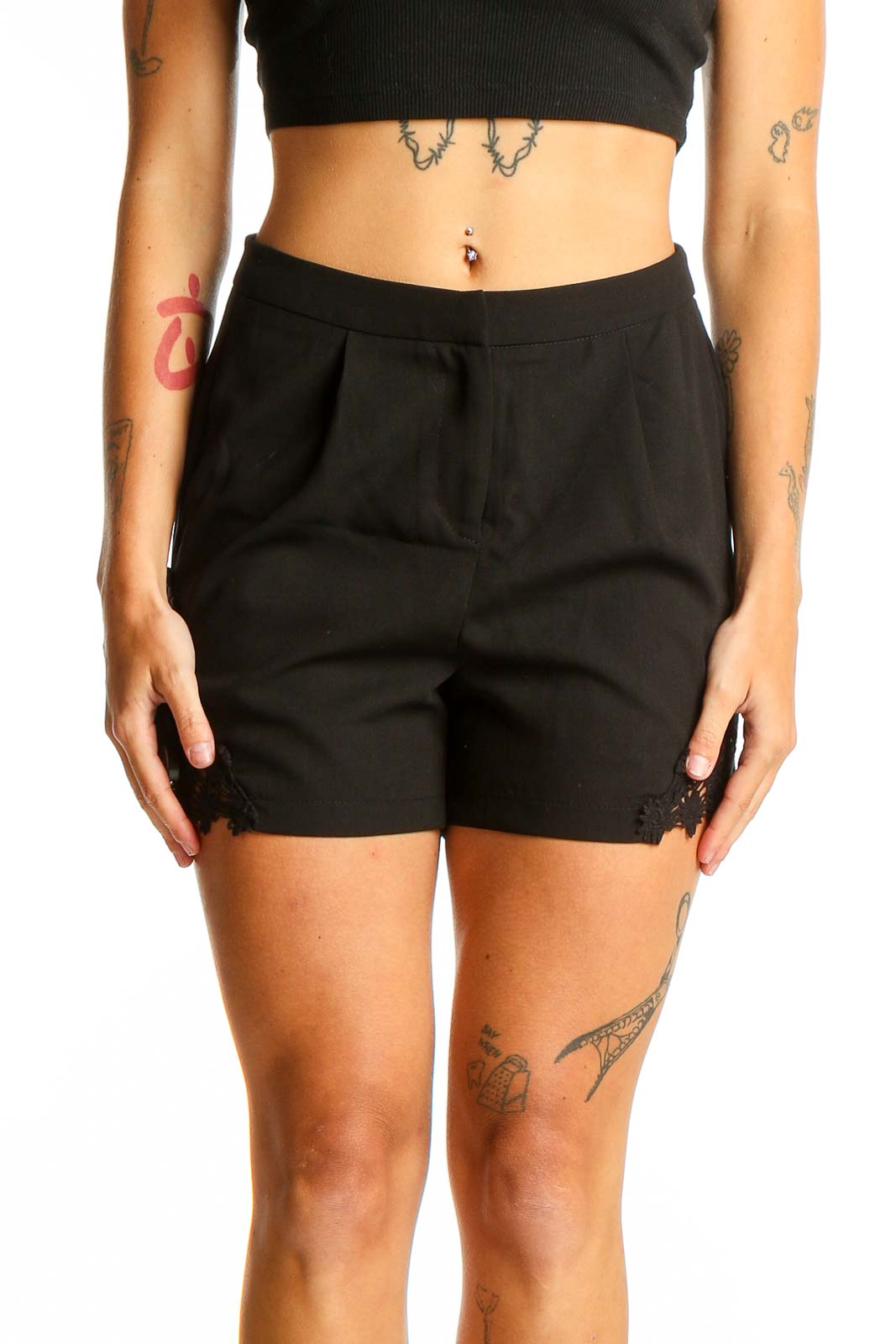 Black Lace-Trimmed Polyester Shorts Front