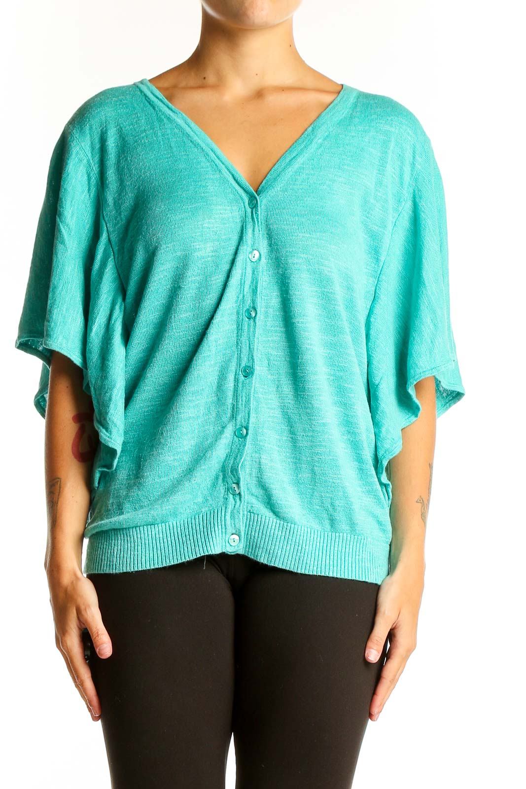 Teal Button-Front Batwing Cardigan Front