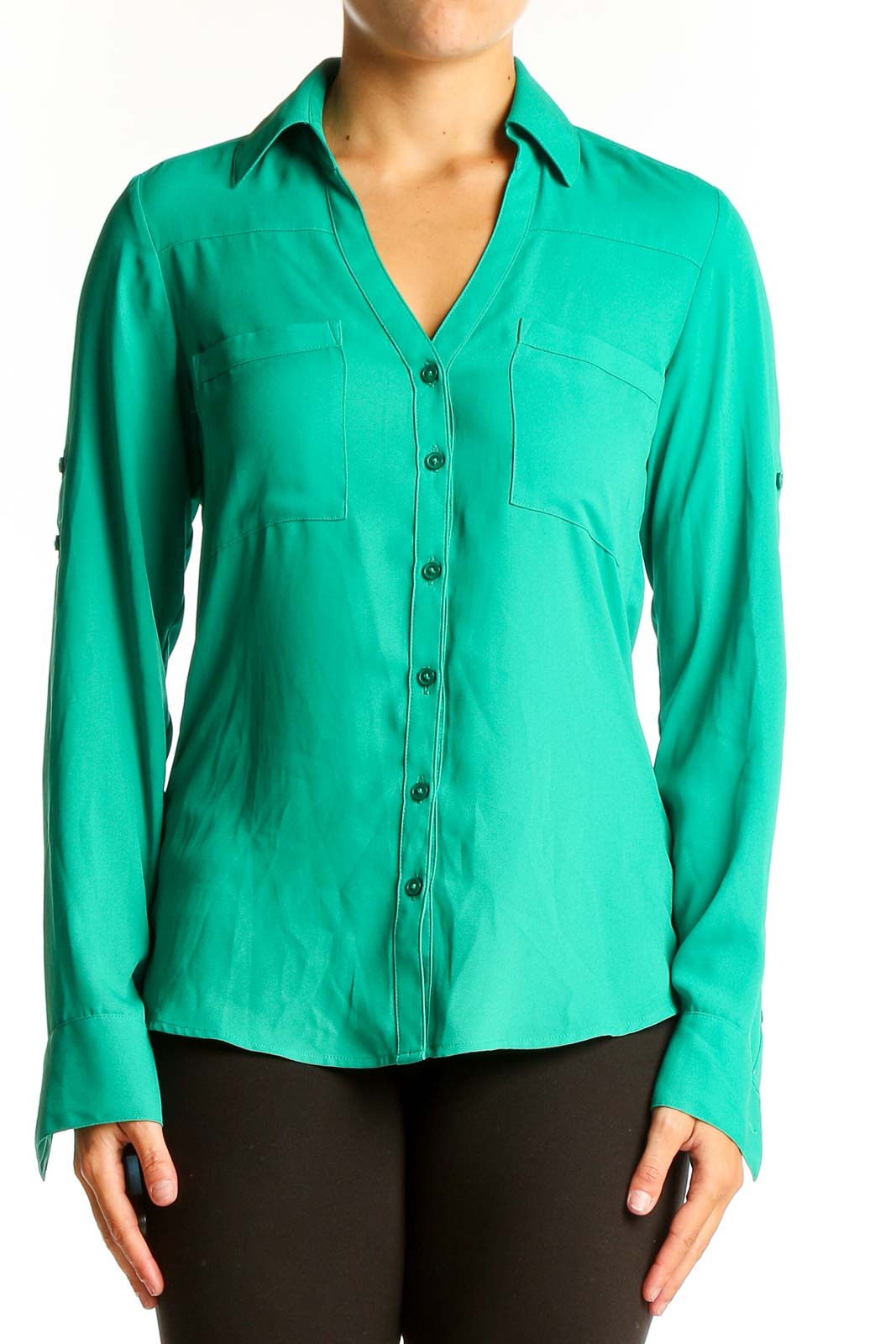 Green Polyester Button-Down Shirt Front