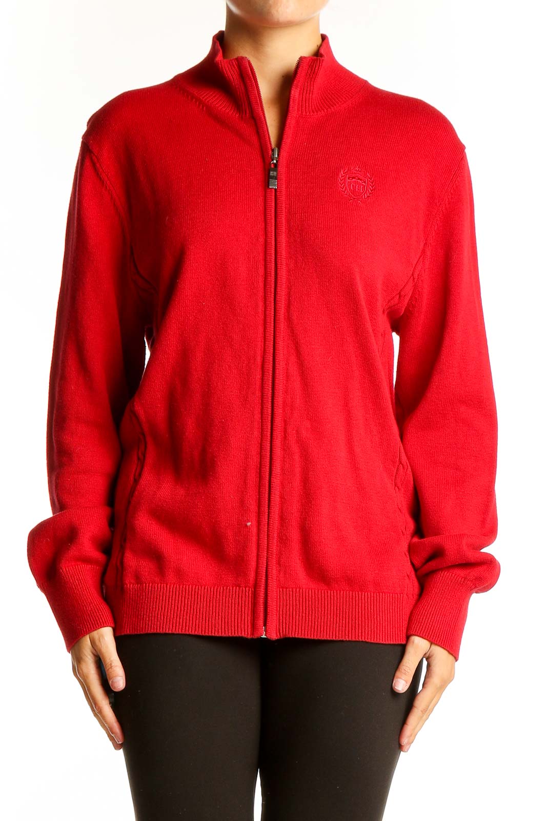 Red Zip-Up Knit Cardigan Front