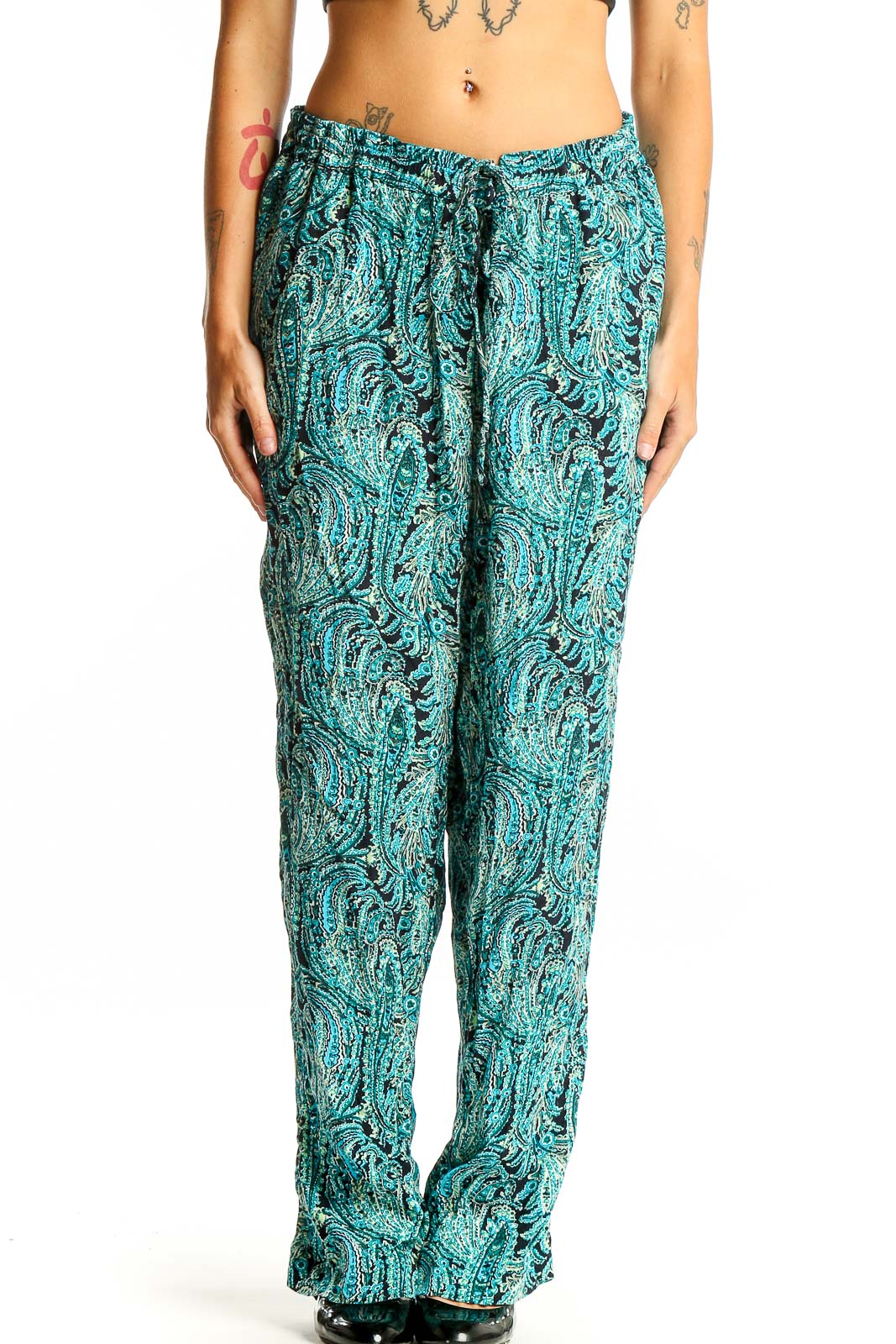 Teal Paisley Print Wide-Leg Pants Front