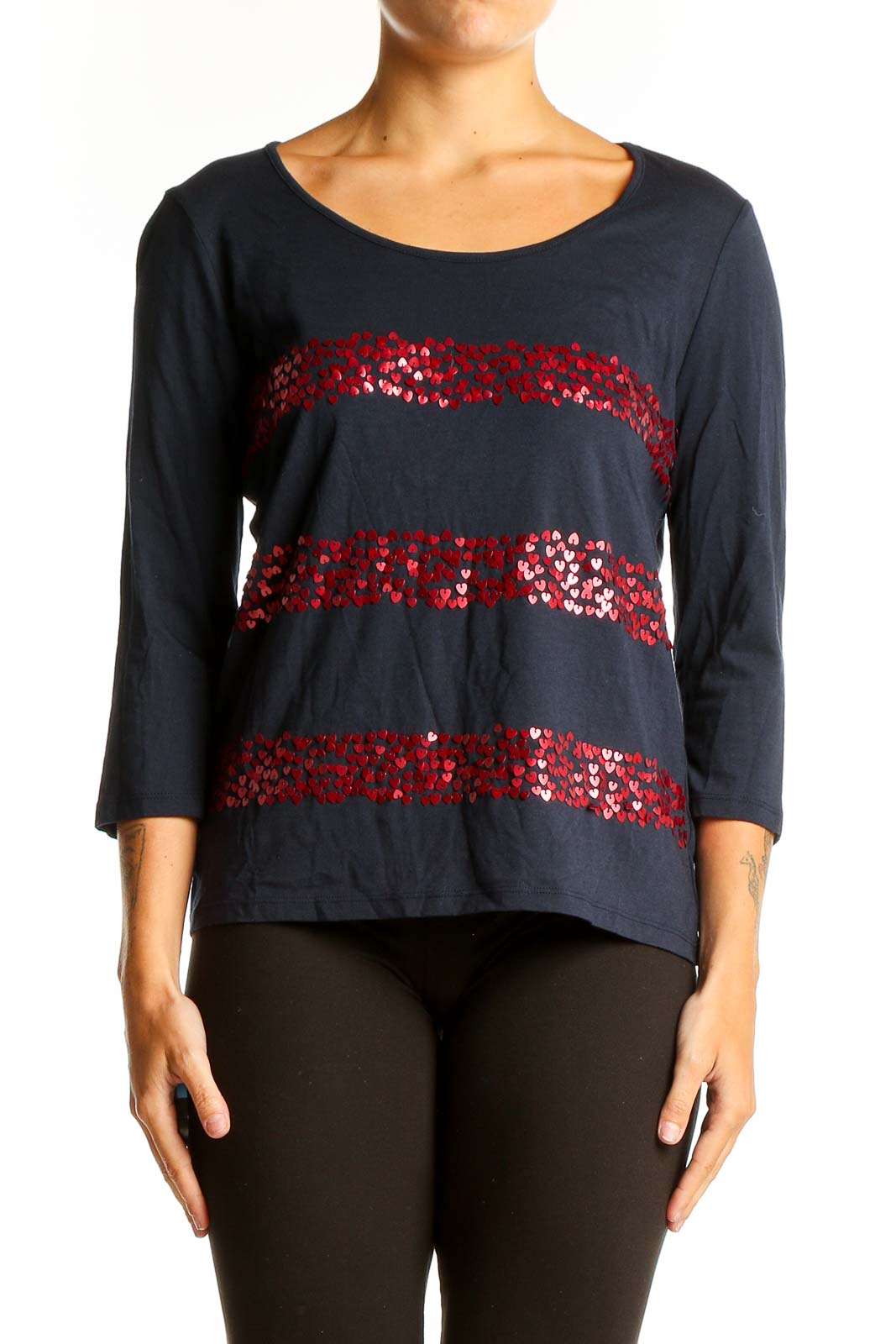 Navy Sequined Striped Cotton-Modal Top Front