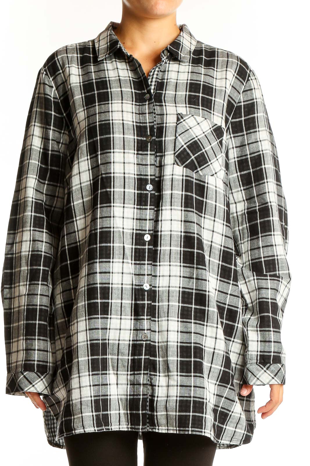 Black and White Plaid Cotton Shirt Front